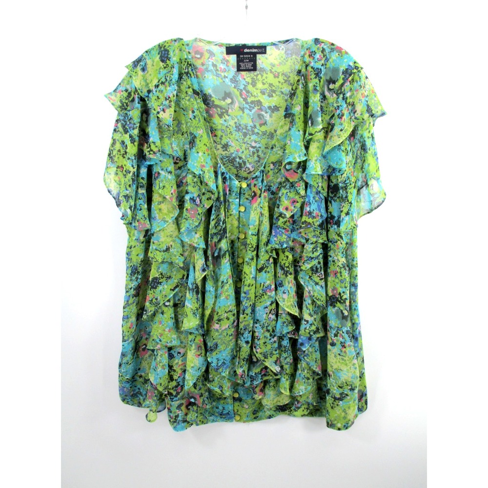 Denim 24/7 Green Floral Ruffle Blouse Women 22W Short Sleeve Fairy Cottagecore